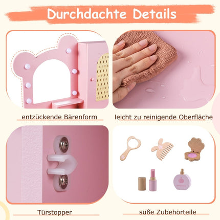 Kids Vanity Table Set with Lights, Chair, Storage, Pink
