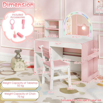Kids Vanity Table With Lighted Mirror, Bookshelf, Chair