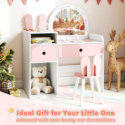 Kids Vanity Table With Lighted Mirror, Shelves, Chair