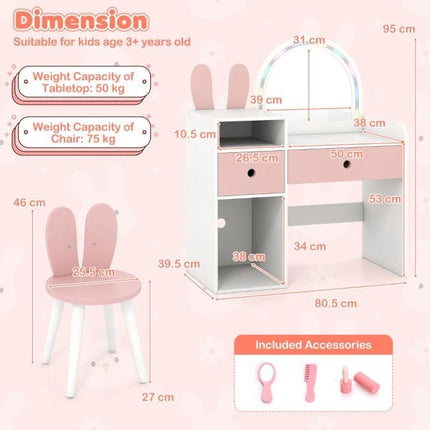 Kids Vanity Table With Lighted Mirror, Shelves, Chair