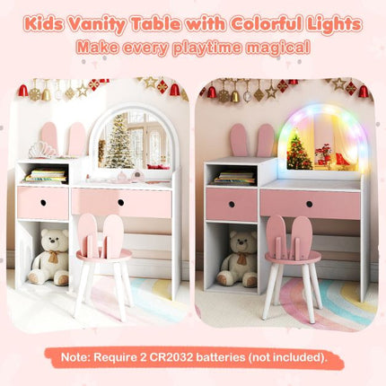Kids Vanity Table With Lighted Mirror, Shelves, Chair