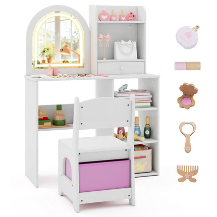 Kids Vanity Table and Chair Set, 3-Color Lighted Mirror