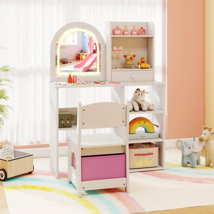 Kids Vanity Table and Chair Set, 3-Color Lighted Mirror
