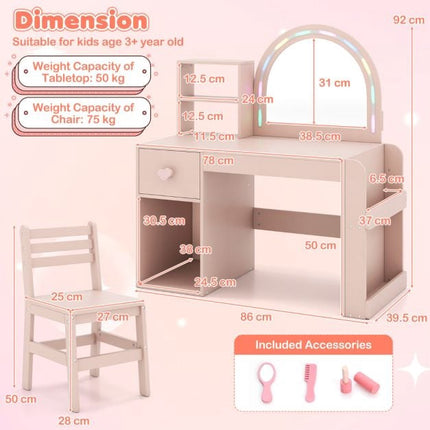 Kids Vanity Table and Chair Set, Lighted Mirror, Pink