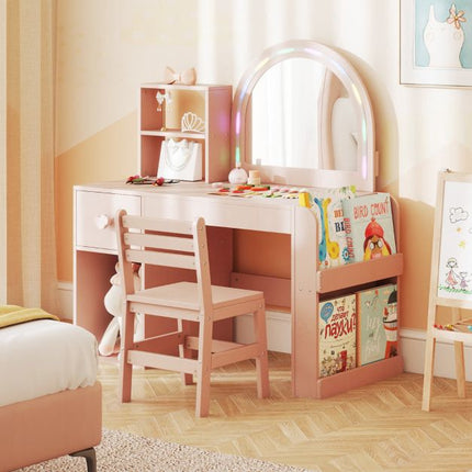 Kids Vanity Table and Chair Set, Lighted Mirror, Pink