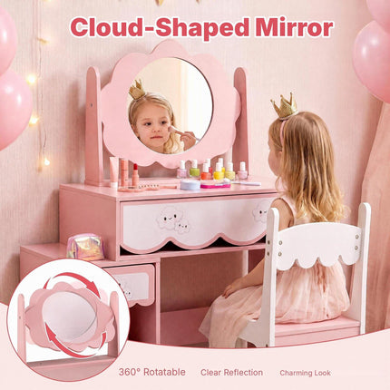 Kids Vanity Table and Chair Set with 360° Rotating Mirror, Pink, Ages 3-7