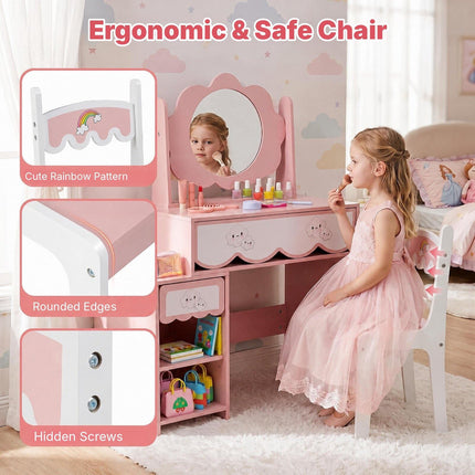 Kids Vanity Table and Chair Set with 360° Rotating Mirror, Pink, Ages 3-7
