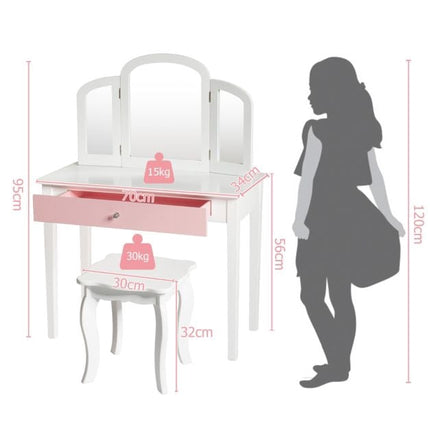 Kids Vanity Table and Stool Set, Tri-Fold Mirror, White