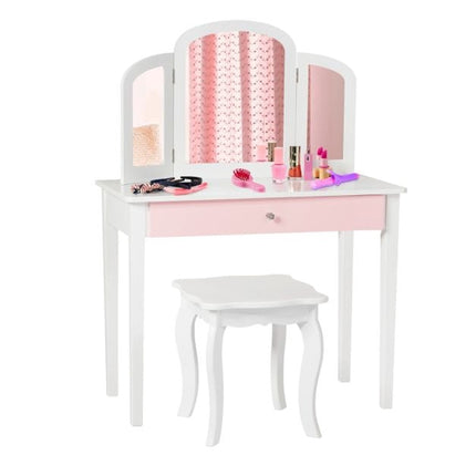 Kids Vanity Table and Stool Set, Tri-Fold Mirror, White