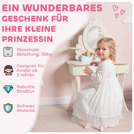 Kids Vanity Table with Chair, Drawer, Detachable Mirror