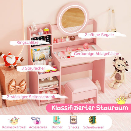 Kids Vanity Table with Mirror, Light & Stool – Pink
