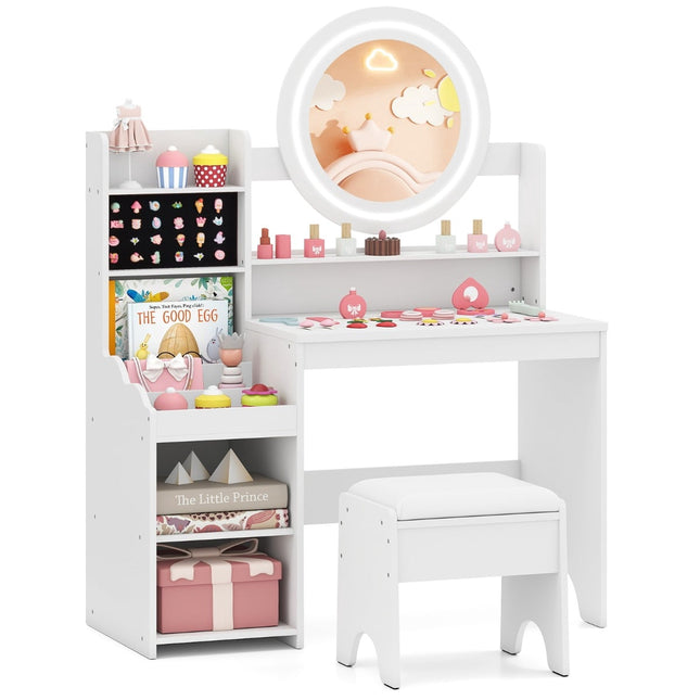 Kids Vanity Table with Mirror & Light, White, Storage & Stool