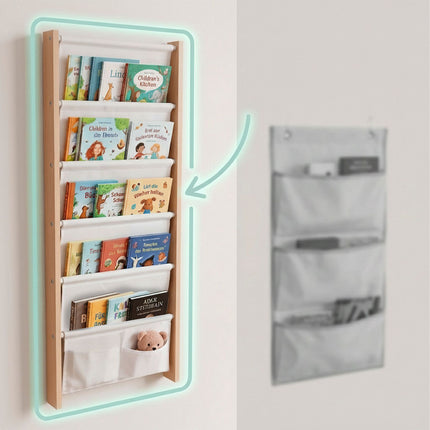 Kids' Wall Bookshelf with Fabric Pockets – Natural/White