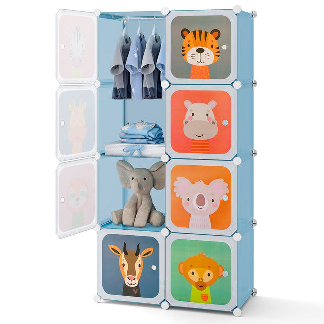 Kids Wardrobe with 8 Cubes & Hanging Area, Blue