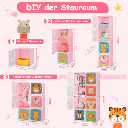 Kids Wardrobe with 8 Cubes & Hanging Space, Pink
