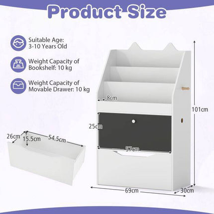 Kids White Bookshelf with Chalkboard and Storage Drawer