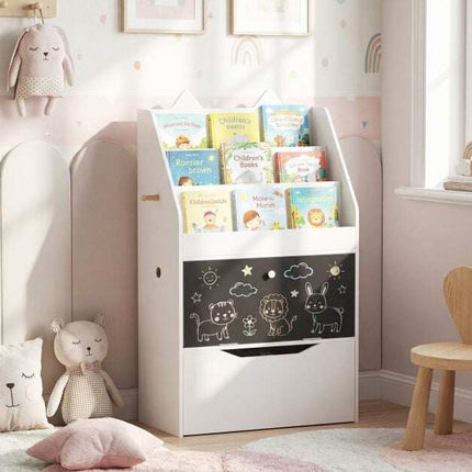 Kids White Bookshelf with Chalkboard and Storage Drawer