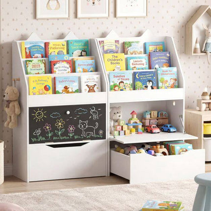 Kids White Bookshelf with Chalkboard and Storage Drawer