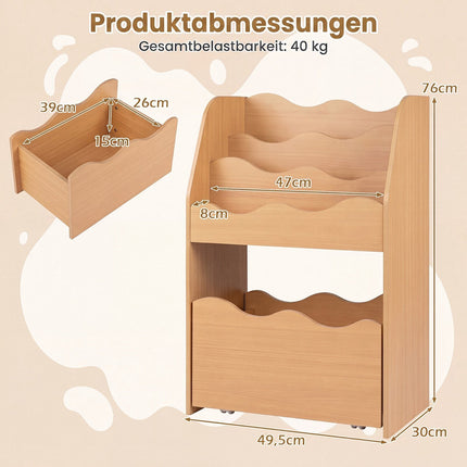 Kids Wooden Bookshelf with Rolling Storage Drawer