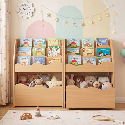 Kids Wooden Bookshelf with Rolling Storage Drawer