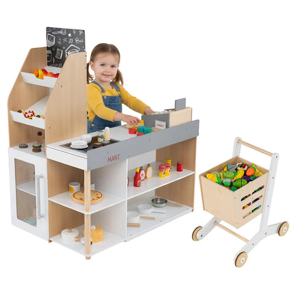 Kids Wooden Grocery Store Playset with Shopping Cart