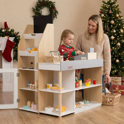 Kids Wooden Grocery Store Playset with Shopping Cart