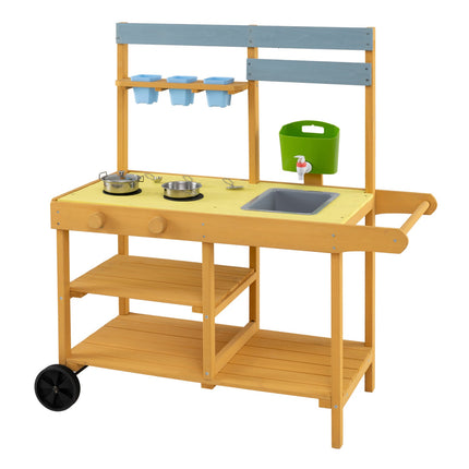 Kids Wooden Mud Kitchen with Wheels and Flowerpots