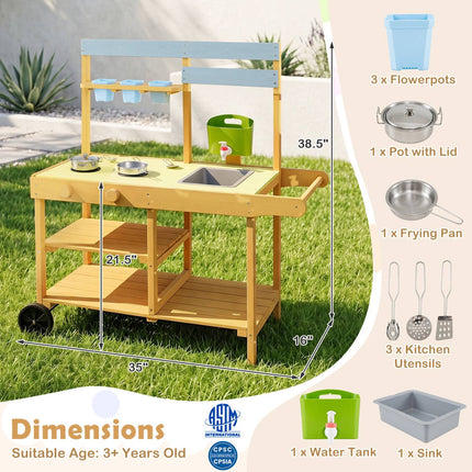 Kids Wooden Mud Kitchen with Wheels and Flowerpots