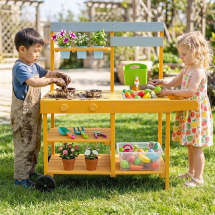 Kids Wooden Mud Kitchen with Wheels and Flowerpots