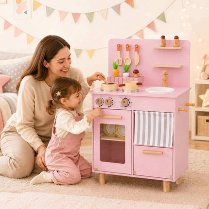 Kids Wooden Play Kitchen Set, Pink – Sink, Stove, Storage