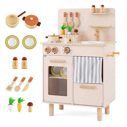 Kids Wooden Play Kitchen Set with Sink & Stove - Beige