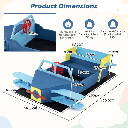 Kids Wooden Sandbox With Bottom Liner And Bench, Blue