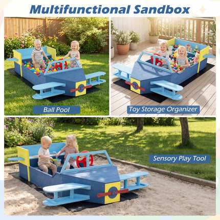Kids Wooden Sandbox With Bottom Liner And Bench, Blue