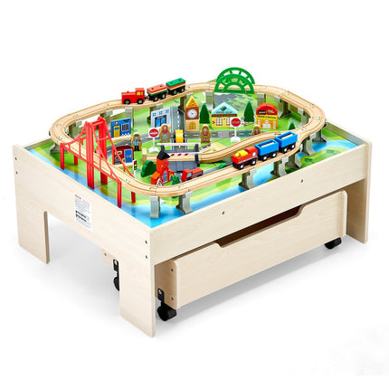 Kids Wooden Train Table, 100-Piece Set, Storage Drawer