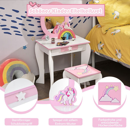 Kids Wooden Vanity Set with Stool, Mirror, Drawer – Pink & White