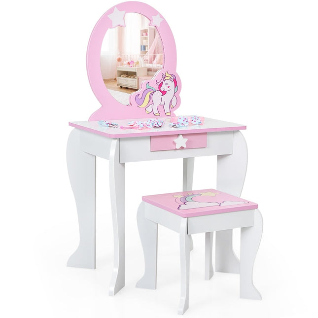 Kids Wooden Vanity Set with Stool, Mirror, Drawer – Pink & White