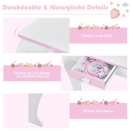 Kids Wooden Vanity Set with Stool, Mirror, Drawer – Pink & White