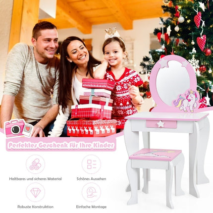 Kids Wooden Vanity Set with Stool, Mirror, Drawer – Pink & White