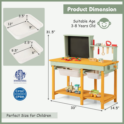 Kids Wooden Workbench Set, Storage Bins, Blackboard, 16 Tools