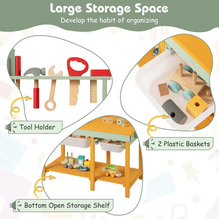 Kids Wooden Workbench Set, Storage Bins, Blackboard, 16 Tools