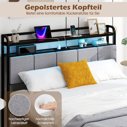King Size Bed Frame with LED Light & Charging Station & Padded Headboard Metal Frame Bed Frame