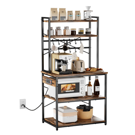 Kitchen Bakers Rack With Power Strip, 12 Hooks