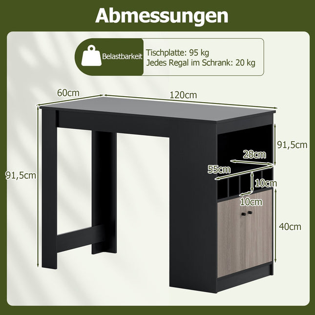 Kitchen Bar Table with Wine Racks & Storage Shelves, Black