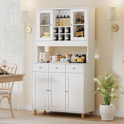 Kitchen Cabinet, 180 cm, Glass Doors, Adjustable Shelves, White