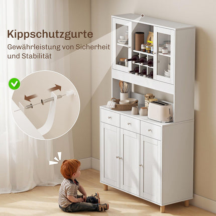 Kitchen Cabinet, 180 cm, Glass Doors, Adjustable Shelves, White