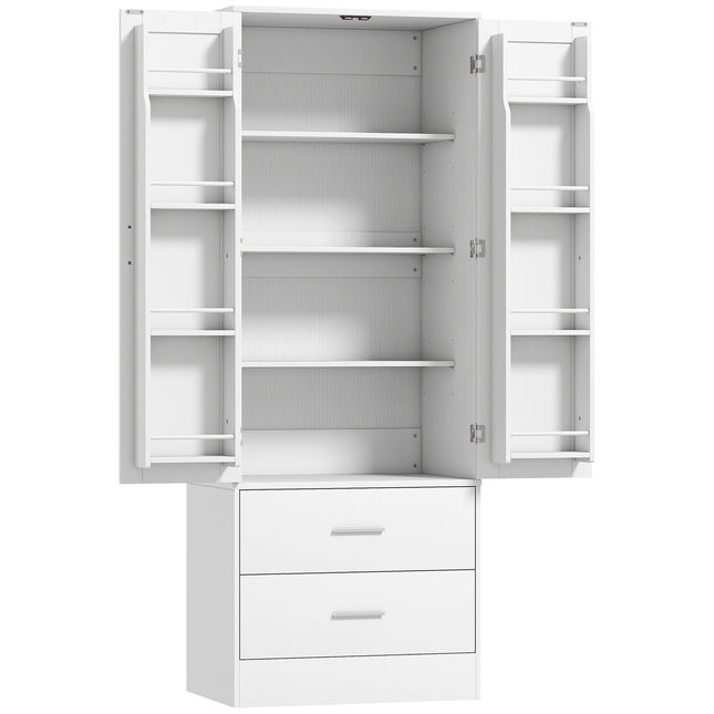 Kitchen Cabinet, Adjustable Shelves, 2 Drawers, White MDF