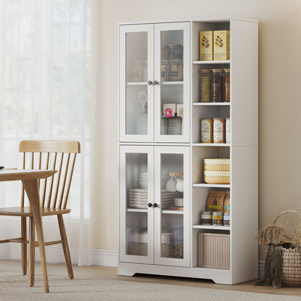 Kitchen Cabinet with Glass Doors, Shelves, 172 cm, White MDF