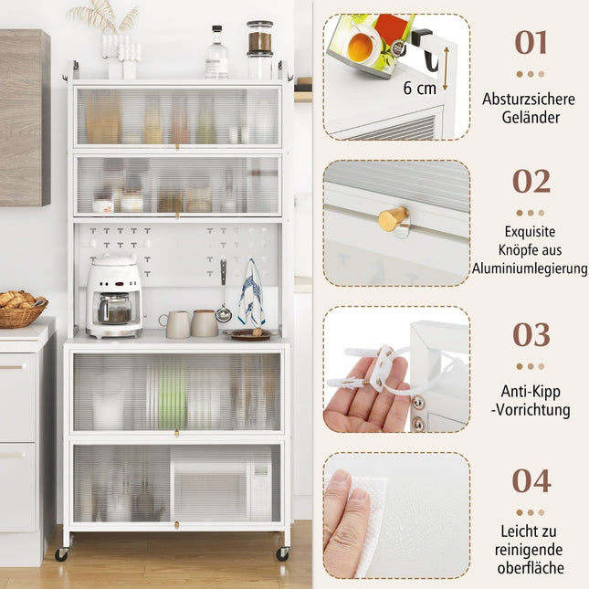 Kitchen Cabinet with Shelves, Hooks, and Wheels, White