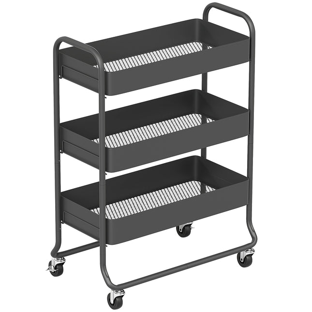 Kitchen Cart, 3 Baskets, 4 Wheels, Metal, Black