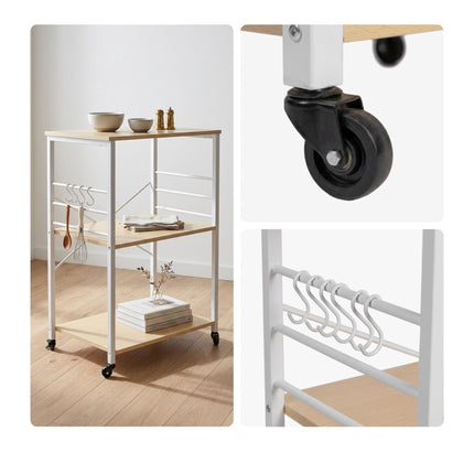 Kitchen Cart – 3-Tier Rolling, 3 Shelves, 6 S-Hooks